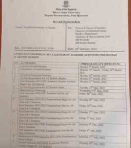 River State University RSU Academic Calendar 2023/2024 River State University RSU Academic Calendar 2023/2024