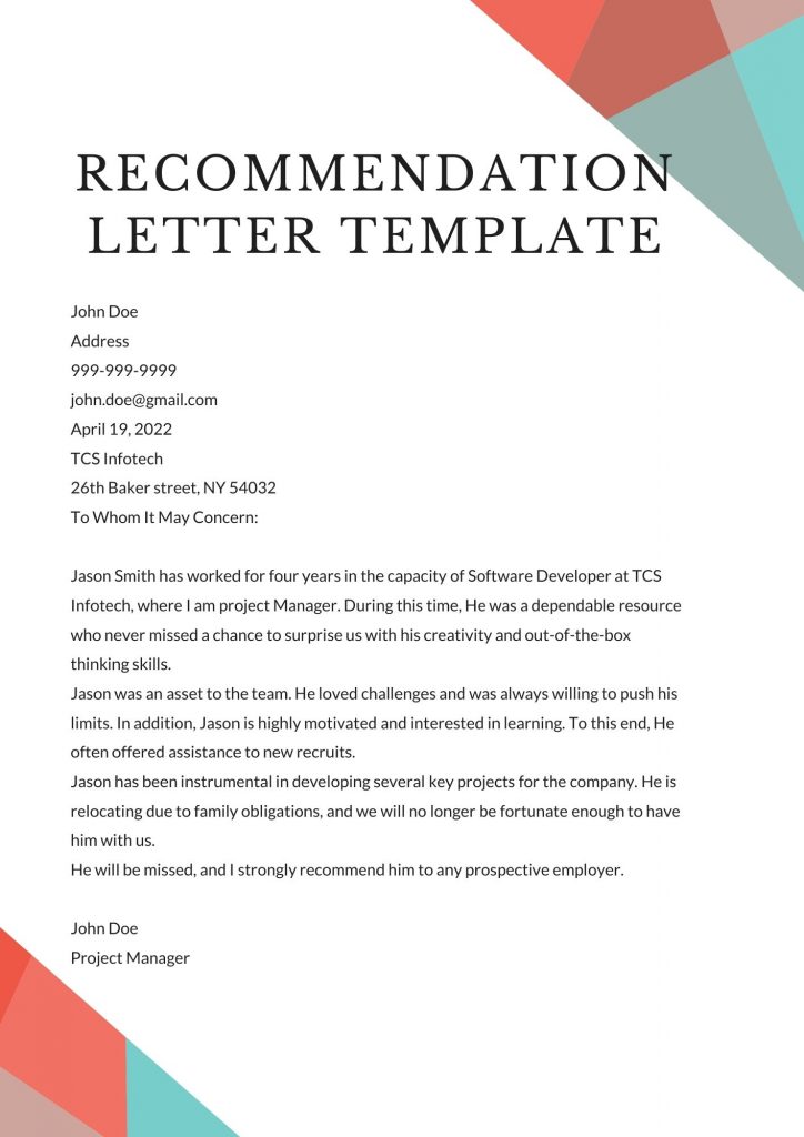 Letter of (LOR) for USA 2023/2024 Sample